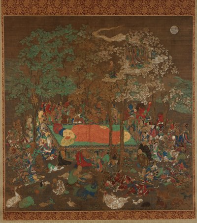 Nirwana Buddy, okres Kamakura (tusz, kolor, złoto i srebro na jedwabiu) autorstwa Japanese School