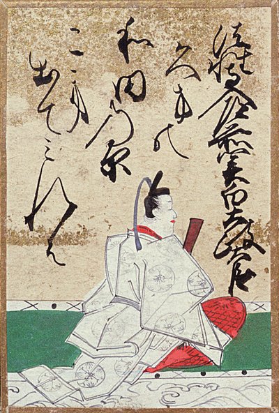 Jeden z zestawu kart do gry ze 100 poetami i wierszami, sprzedany na Wystawie Powszechnej w Paryżu w 1867 r. autorstwa Japanese School