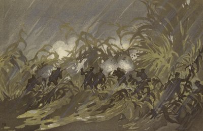 Nasi żołnierze piechoty walczący na polu prosa w pobliżu Liao-yang (chromolitho) autorstwa Japanese School