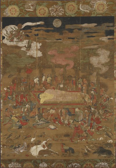Parinirvana Siakjamuniego, historycznego Buddy (atrament, kolor i złoto na jedwabiu) autorstwa Japanese School