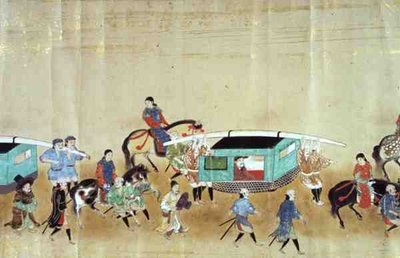 Część Szóstej Ambasady Korei w Japonii w czasie sukcesji Tokugawy Ietsuna w 1651, prawdopodobnie przez Kano Masanobu (1625-94) 1655-57 (obraz przewijany) (patrz także 120824) autorstwa Japanese School