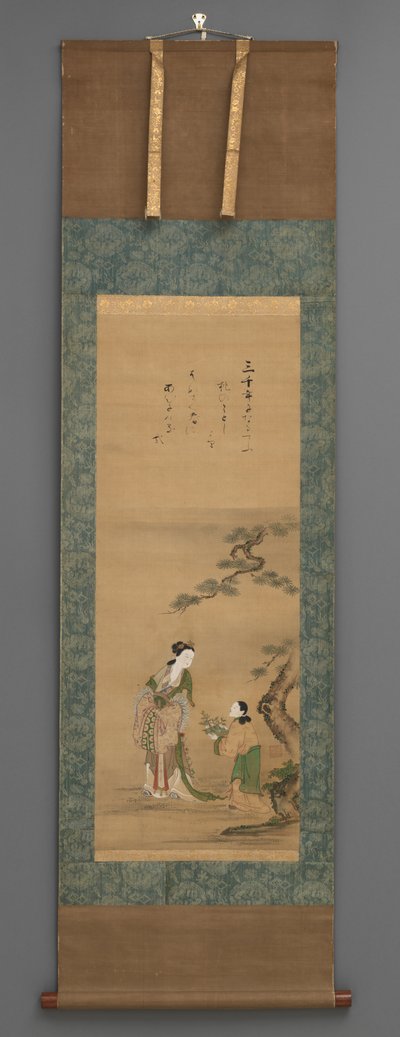 Brzoskwiniowa Matka i Opiekunka przy Sosnie, początek XIX wieku (akwarela z drewnianymi gałkami) autorstwa Japanese School
