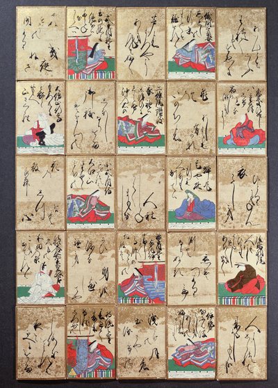 Karty do gry ze 100 poetami i wierszami, sprzedane na Wystawie Powszechnej w Paryżu w 1867 r. (pióro i atrament na papierze) autorstwa Japanese School