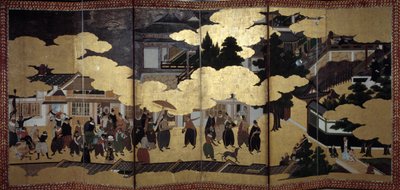 Ekran „portugalski”: przedstawienie przybycia portugalskich misjonarzy jezuickich do Japonii w XVI wieku. Zrealizowany przez Szkołę Kano (?). 1593-1600. Lizbońskie Muzeum Sztuki Starożytnej autorstwa Japanese School