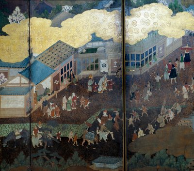 Ekran „portugalski”: przedstawienie przybycia portugalskich misjonarzy jezuickich do Japonii w XVI wieku. Szczegół. Zrealizowany przez Szkołę Kano (?). 1593-1600. Lizbońskie Muzeum Sztuki Starożytnej autorstwa Japanese School
