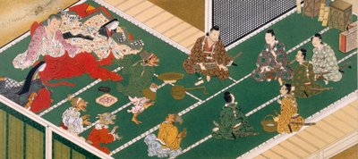 Raiko i jego towarzysze przed złodziejem demonów (kolorowy drzeworyt) autorstwa Japanese School