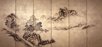 Recto: Krajobraz po Mi Fei, ok. 1810 r. (atrament na płatkach złota) autorstwa Japanese School