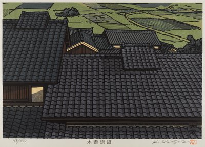 Rooftop z serii Kisokaido (kolorowy drzeworyt) autorstwa Japanese School