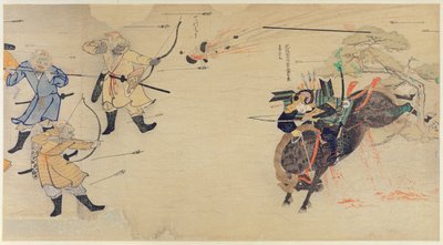 Samuraj Takezaki szarżuje na mongolskich najeźdźców, gdy pociski eksplodują nad głową podczas mongolskich inwazji na Japonię w 1274 r., ilustracja z magazynu Kokka, maj 1921 autorstwa Japanese School