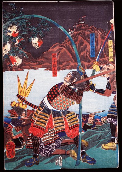 Samuraj pokazujący odcięte głowy swoich wrogów na bambusowych laskach, sewamono (zabawa domowa) autorstwa Japanese School