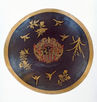 Tarcza przedstawiająca łożyska herbowe Constantijna Ransta, dla Holenderskiej Kompanii Wschodnioindyjskiej, wykonana w Bengalu i Lakierowana w Japonii, ok. 1668 (lakierowana skóra) autorstwa Japanese School