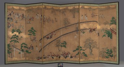 Sześciopanelowy ekran: Wyścigi konne w Kamo Kapliczka, początek XVIII w. (Atrament, złoty pigment, kolor i złoty liść na) papier) autorstwa Japanese School