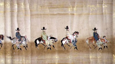 Šeštoji Korėjos ambasada Japonijoje Meireki 1 1651 m. Tokugawa Ietsuna paveldėjimo metu, galbūt Kano Masunobu (1625–1694) (slinkties paveikslas) (detaliau)poli autorstwa Japanese School