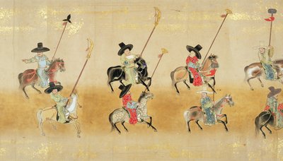 Szósta Ambasada Korei w Japonii w Meireki 1 w czasie sukcesji Tokugawy Ietsunas w 1651, prawdopodobnie przez Kano Masunobu (1625-94) (malowanie przewijane) (szczegół) (patrz także 79778) autorstwa Japanese School