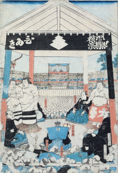Zapaśnicy sumo mają zamiar rozpocząć mecz (drewnodruk) autorstwa Japanese School