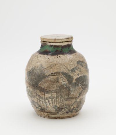 Słoik z liści herbaty na sencha, z dopasowaną pokrywką, Naczynia z Kioto, Słoik z liści herbaty (sencha tsubo) autorstwa Japanese School