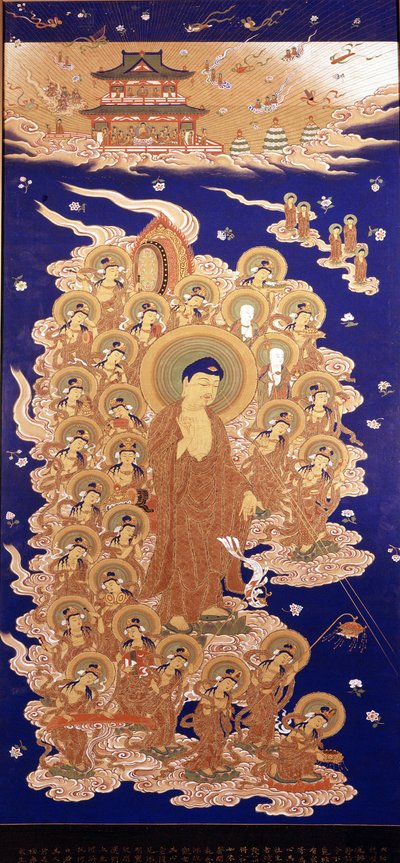 Budda Amida zstępuje z Nieba, to japońskie imię Buddy Amitabhy. Obraz szkoły Yamato - E z XVI wieku. Genua, Muzeum Chiossone. autorstwa Japanese School