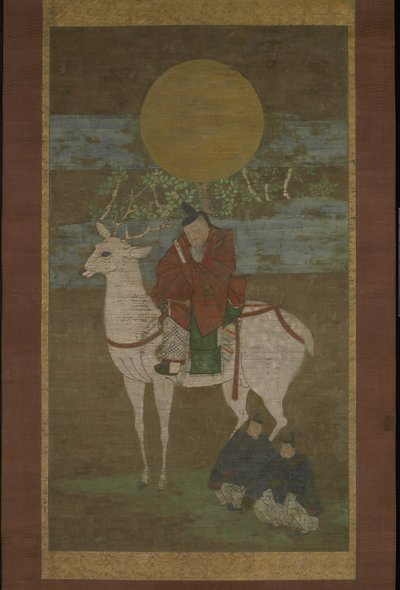 Wyjazd z Kashimy (Bóstwa Kasuga out), koniec XIV wieku (Wiszący zwój: atrament, kolor i złoto na jedwabiu) autorstwa Japanese School