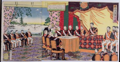 Cesarz Mutsuhito (1852-1912) organizujący naradę wojenną, epizod z wojny chińsko-japońskiej, koniec XIX wieku (kolorowy drzeworyt) (patrz także 176842) autorstwa Japanese School