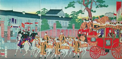 Cesarz Mutsuhito (1852-1912) Powrót do swojego pałacu w Tokio, koniec XIX wieku (kolorowy drzeworyt) autorstwa Japanese School