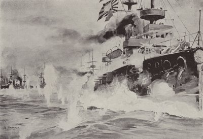 Mikasa dzielnie walczący z rosyjską eskadrą u wybrzeży Port Arthur 10 sierpnia (lito) autorstwa Japanese School