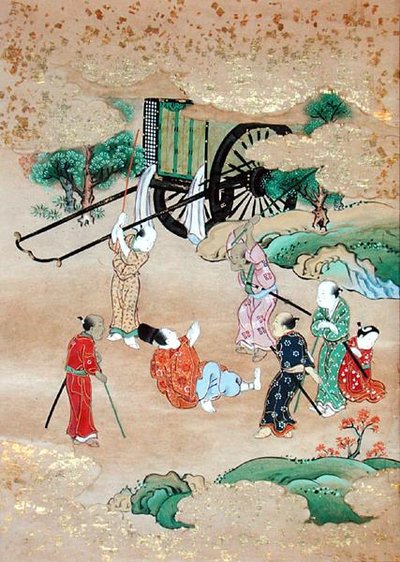 Mnich Shogaku (1126-1235) atakowany przez bandytów (akwarela na papierze) autorstwa Japanese School