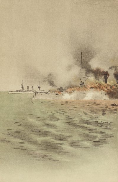 Varyag podpalony przez własną załogę, aby zapobiec schwytaniu w Chemulpo (chromolitho) autorstwa Japanese School