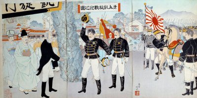 Powstanie Cesarstwa Japonii: reprezentacja dawnego społeczeństwa japońskiego po lewej stronie, opartego na systemie feodalnym i nowego po prawej stronie, zwrócona w stronę rozwoju sił zbrojnych, które poprowadzą Japonię do wojen z Chinami i Rosją. autorstwa Japanese School