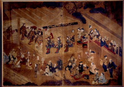 Teatr Kabuki: aktorzy na scenie; XVIII-wieczna grafika japońska Paryż, Muzeum Guimet, Narodowe Muzeum Sztuki Azjatyckiej autorstwa Japanese School