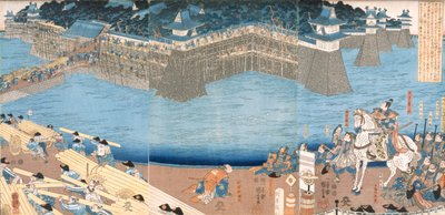 Tryptyk przedstawiający fort budowany nad rzeką Kunigos, okres Edo 1603-1868. autorstwa Japanese School