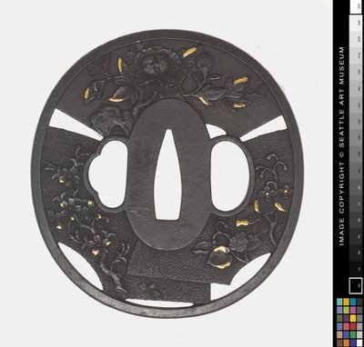 Tsuba: chryzantema, wiśnia, irys autorstwa Japanese School