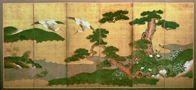 Dwa żurawie nurkujące za sosnami i skałami, okres Edo autorstwa Japanese School