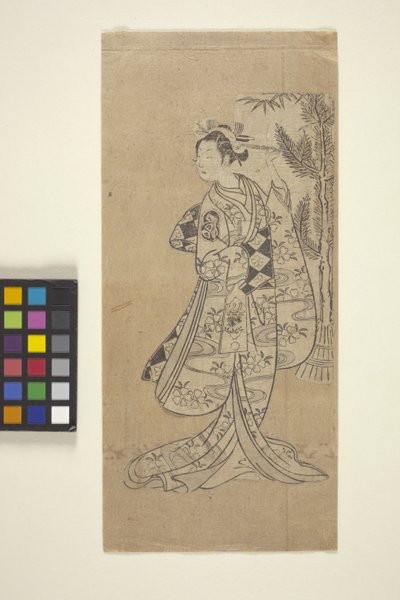 Bez tytułu (Kobieta stojąca przed drzewem) (drzeworyt kolorowy) autorstwa Japanese School