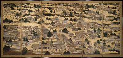 Widoki Kioto i okolic (Rakuchu rakugai zu), ok. 1616-24 (tusz, kolor i złoto płatkowe na papierze) autorstwa Japanese School