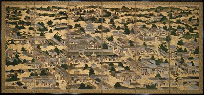 Widoki Kioto i okolic (Rakuchu rakugai zu), ok. 1616-24 (tusz, kolor i złoto płatkowe na papierze) autorstwa Japanese School