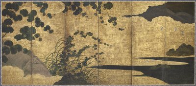 Winorośl, chata, trawy i ptaki przybrzeżne, okres Momoyama, 1568-1615 (złoto, atrament i kolor na papierze) autorstwa Japanese School