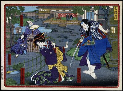 Kobieta w kimonie i samurajach - w „Zemście 47 roninów” XIX wiek: Seria Kabuki autorstwa Japanese School