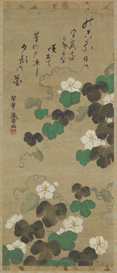 Winorośle Yugao i wiersz, Wiszący zwój (zamontowany na desce), XVIII-XIX w. (kolor na papierze) autorstwa Japanese School