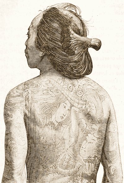 mężczyzna z tradycyjnymi japońskimi tatuażami Irezumi, ok.1880 autorstwa Japanese School