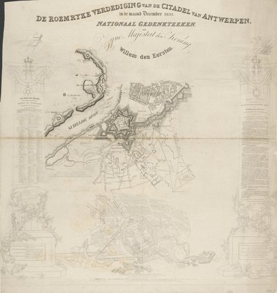 Obrona Cytadeli w Antwerpii Roemryke w grudniu 1832 r. Pomnik narodowy ku czci Jego Królewskiej Mości Willema den Eerste (tytuł na obiekcie) autorstwa Ja.s Wyld