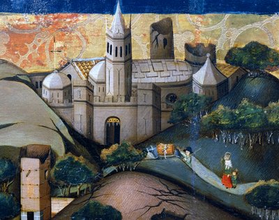 Pejzaż z kościołem episkopalnym, fragment z Ucieczki do Egiptu, ołtarz z Verdu autorstwa Jaume Ferrer