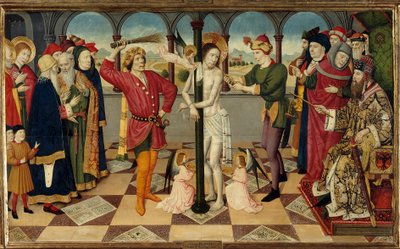Biczowanie Chrystusa przed Poncjuszem Piłatem. Detrempe na drewnie – Jaume (= Jaime) Huguet Starszy (1415-1492). Ciemny. 0,92 x 1,56 m. autorstwa Jaume Huguet