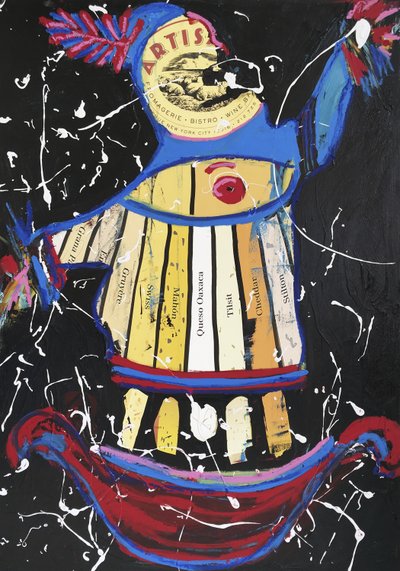 Cheese Dancer, 2016 (mieszane media na papierze akwarelowym zamontowanym na panelu z przepisem na odwrocie) autorstwa Jay Batlle