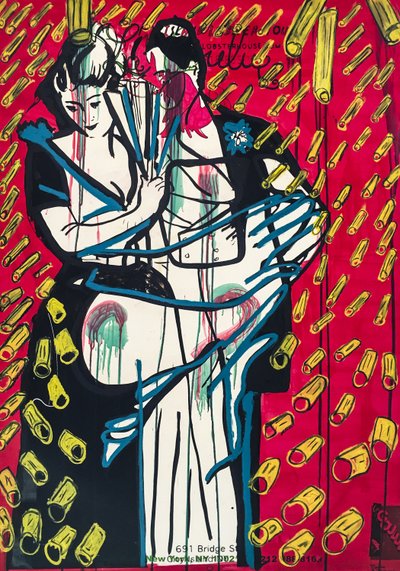 Rigatoni Rain Romance, 2016 (mieszane media na papierze akwarelowym zamontowanym na panelu z przepisem na odwrocie) autorstwa Jay Batlle