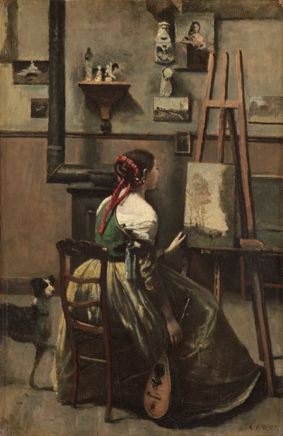 Studio Corota: Kobieta siedząca przed sztalugą z mandoliną w dłoni autorstwa Jean-Baptiste-Camille Corot