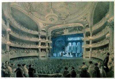Widok na salę teatralną Opery Garnier (Akademia Muzyczna). Litografia Jean Baptiste Arnout (1788-1870). 19 wiek. Paryż, B.N. autorstwa Jean Baptiste Arnout