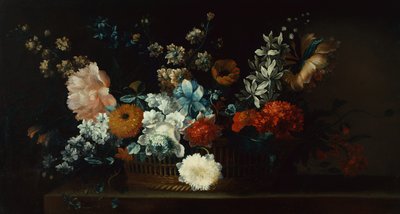 Piwonie, chryzantemy i inne kwiaty w koszu (olej na płótnie) autorstwa Jean Baptiste Belin de Fontenay