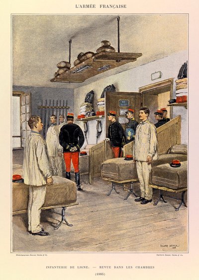 Typy i mundury francuskiego Armee kapitana Julesa Richarda, zilustrowane przez Edouarda Detaille (1848-1912): Piechota liniowa: Revue dans les chambers en 1885, zbiory prywatne autorstwa Jean Baptiste Edouard Detaille