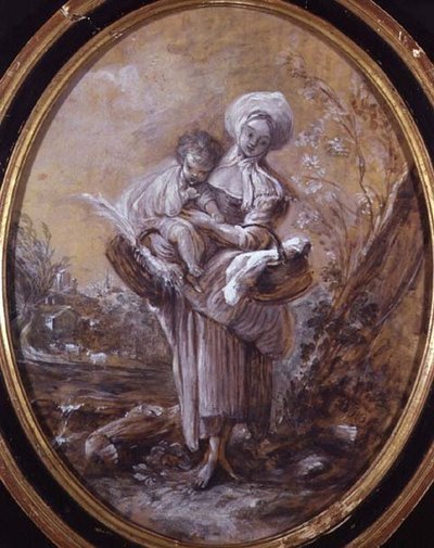 Kobieta z dzieckiem w wiejskim krajobrazie (rysunek) autorstwa Jean Baptiste Huet