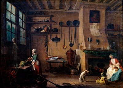 Wnętrze kuchni w XVIII wieku. Kucharz przygotowuje posiłek. W tle widzimy wiszące na ścianie naczynia kuchenne. Obraz Jeana Baptiste Lallemanda (1710-1803) XVIII-wieczne Dijon, Muzeum Sztuk Pięknych autorstwa Jean-Baptiste Lallemand